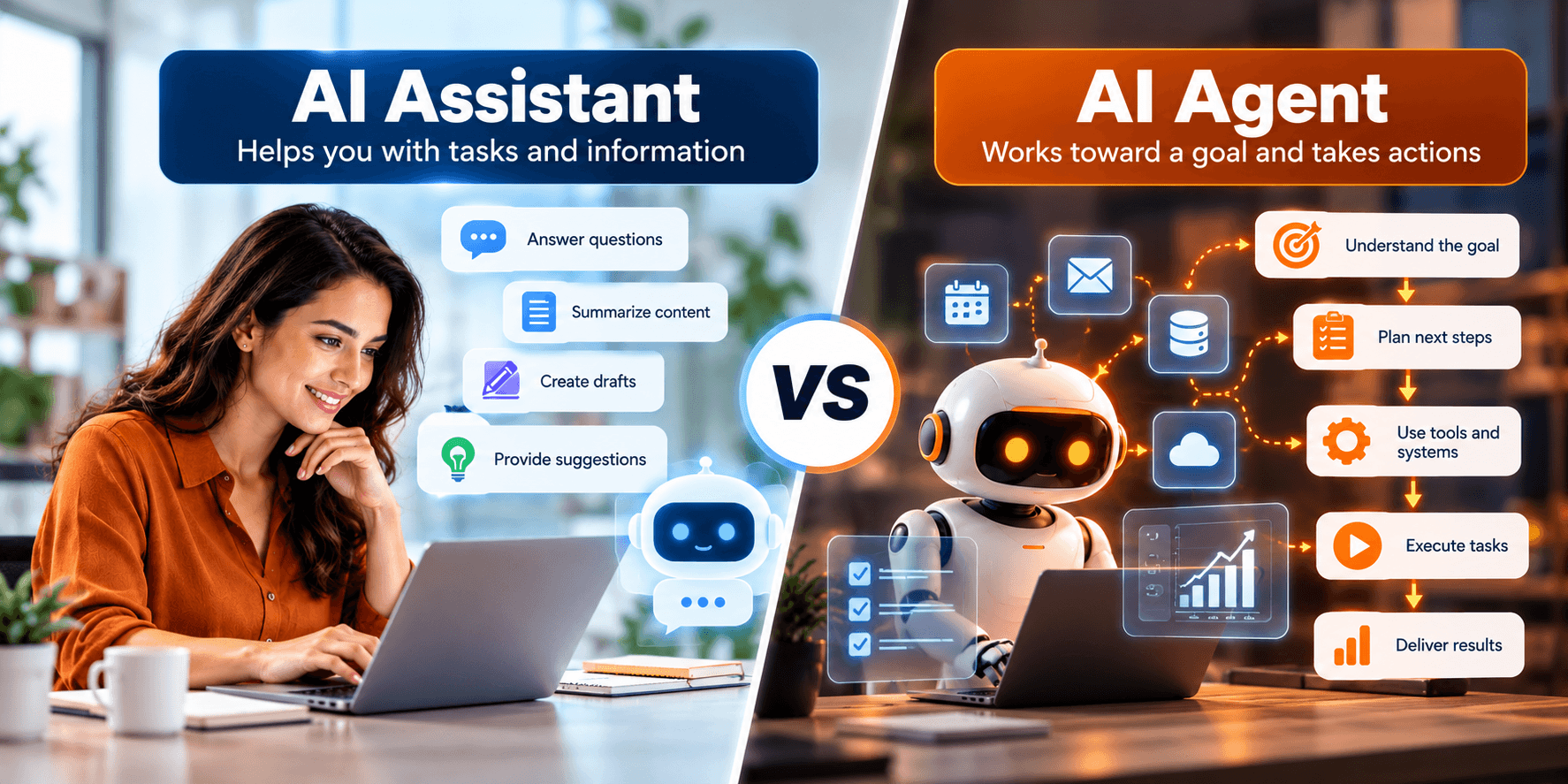 AI agents vs. AI assistants illustrating the difference between AI-powered task assistance and autonomous workflow automation.
