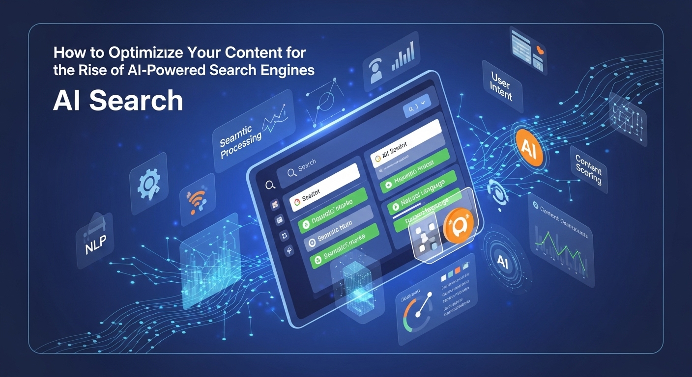 AI-powered search engine optimization concept – laptop with AI icons and digital search graphics