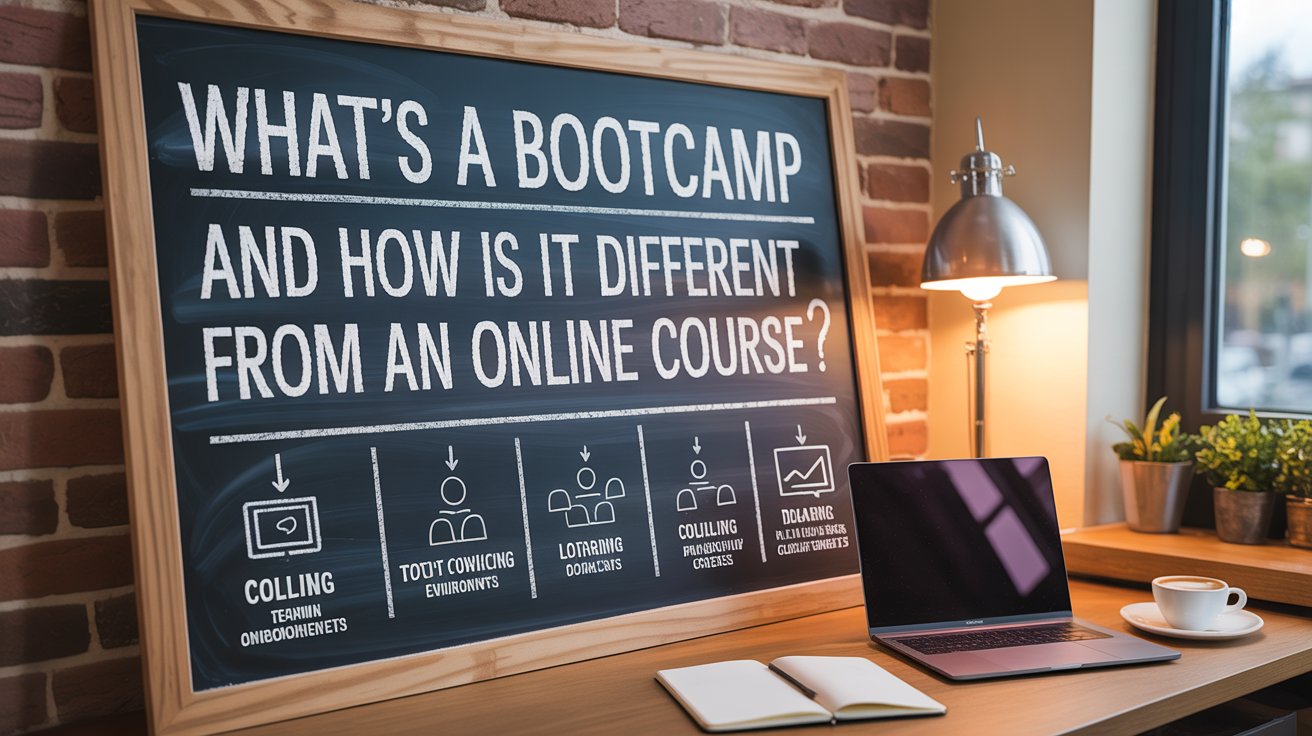 What’s a Bootcamp and How Is It Different from an Online Course? – chalkboard with laptop and coffee