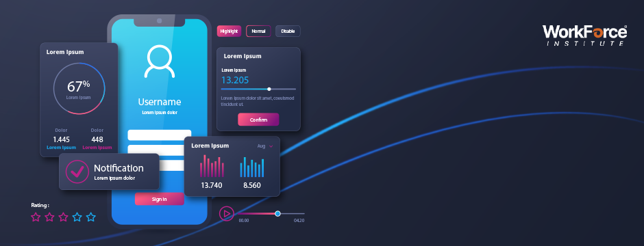 Modern UX design dashboard interface with mobile login screen, charts, progress bar, notifications, and analytics elements – Workforce Institute branding.