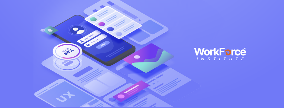 3D illustration of mobile app interface design elements with UX and UI layouts, charts, and graphics, alongside the WorkForce Institute logo.