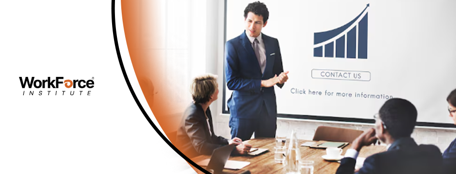A business presenter in a suit talks to colleagues in a meeting. A screen behind him shows a rising bar graph and a 'CONTACT US' button. The "WorkForce Institute" logo is on the left.