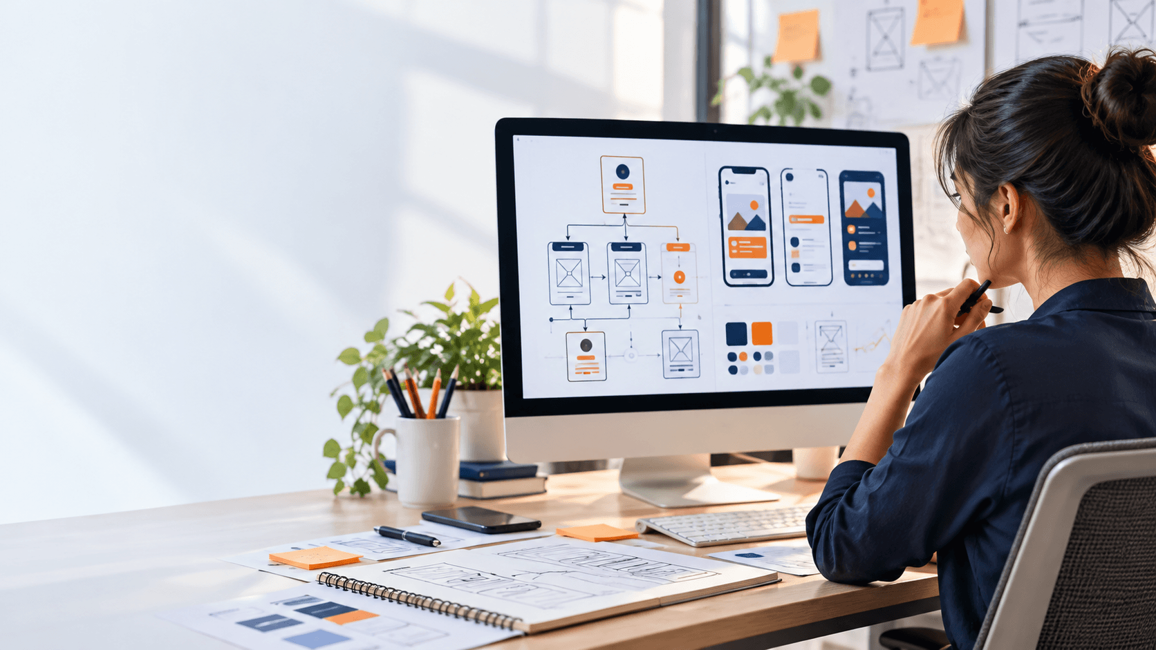 UI/UX designer reviewing wireframes and app interface designs on a computer