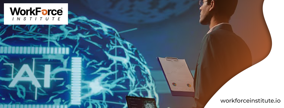 Close-up of a person using a laptop with AI graphics on the screen, representing artificial intelligence training, with WorkForce Institute branding and website link workforceinstitute.io.