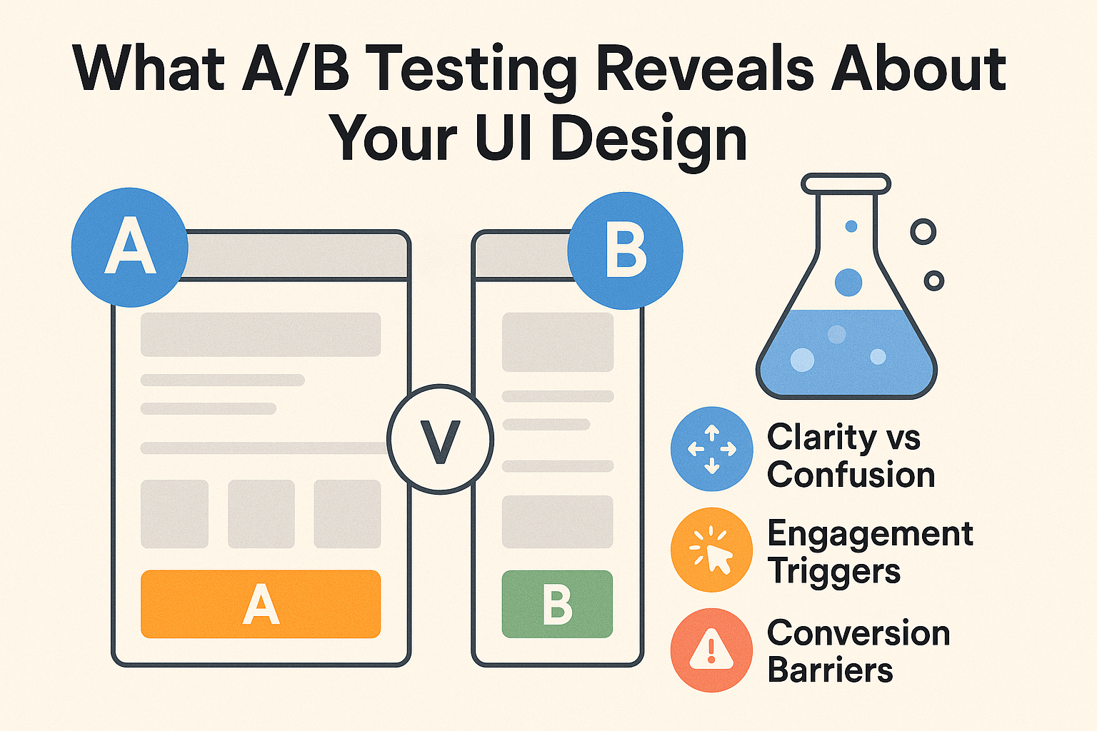 A/B testing in UI/UX design infographic showing what testing reveals about clarity, engagement, conversion, and visual design.
