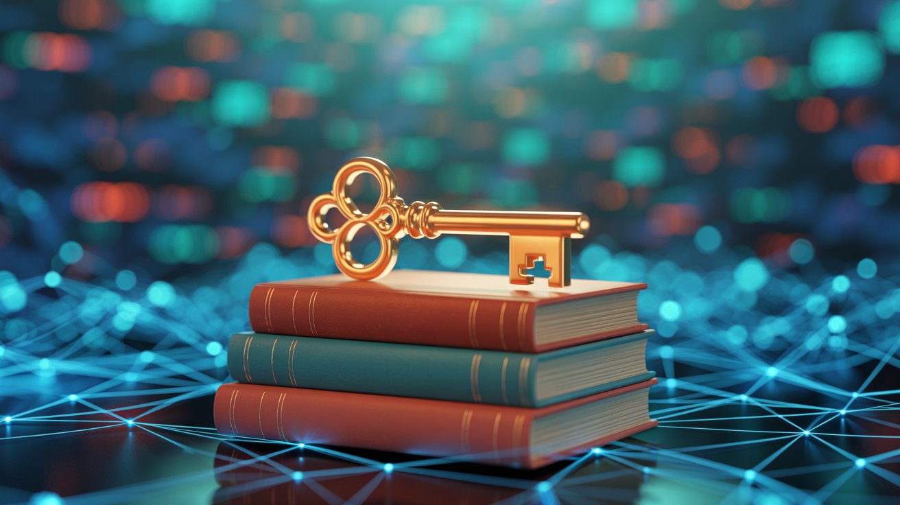 AI ethics knowledge concept - golden key on books with digital network background representing responsible design principles and ethical guidelines for intelligent interfaces in UI/UX